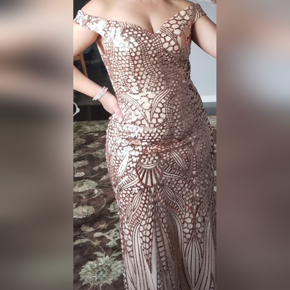 Rose gold off the shoulder dress
